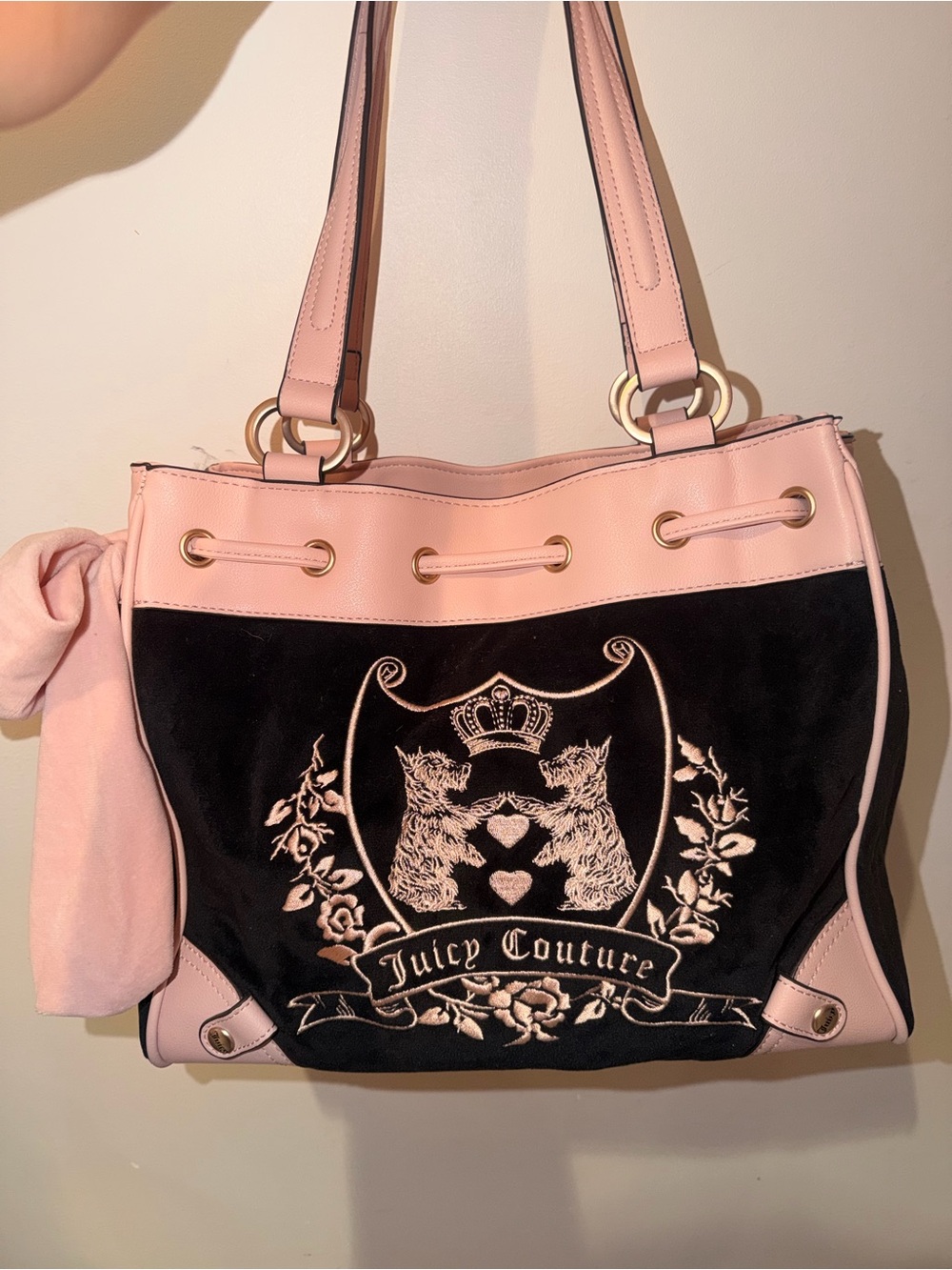 Juicy Couture Pink and Black Embroidered Crest Shoulder Bag
